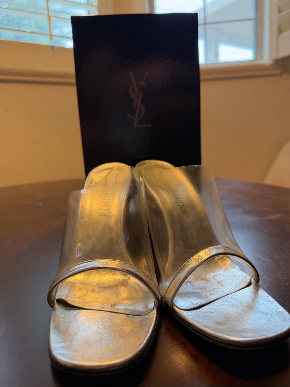 Vintage Yves Saint Laurent Clear PVC and Silver Wedge Slide Sandals